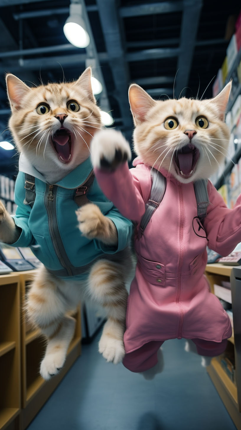 Photo of two ecstatic cats adorned in pastel