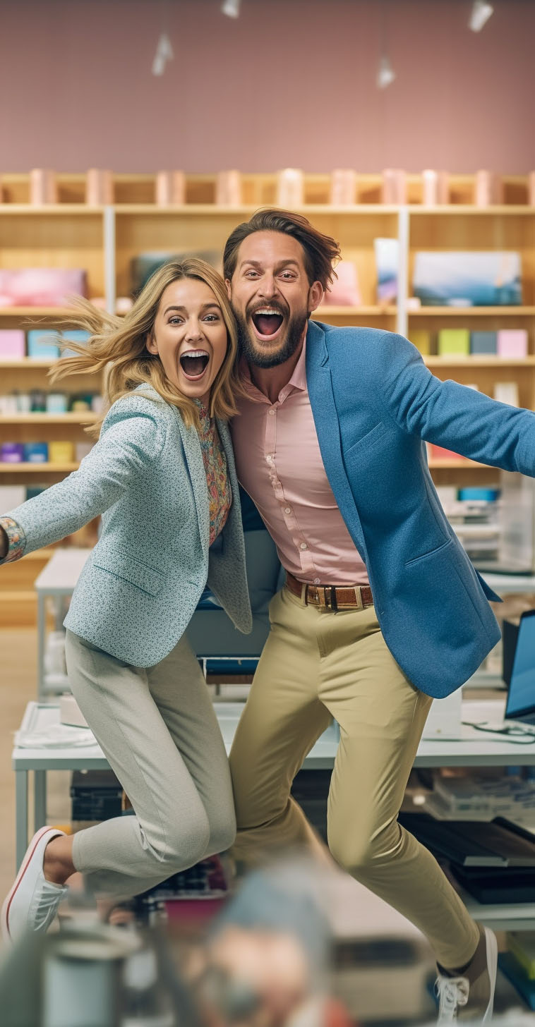 A cute happy bosnian couple jumping in an electronics store