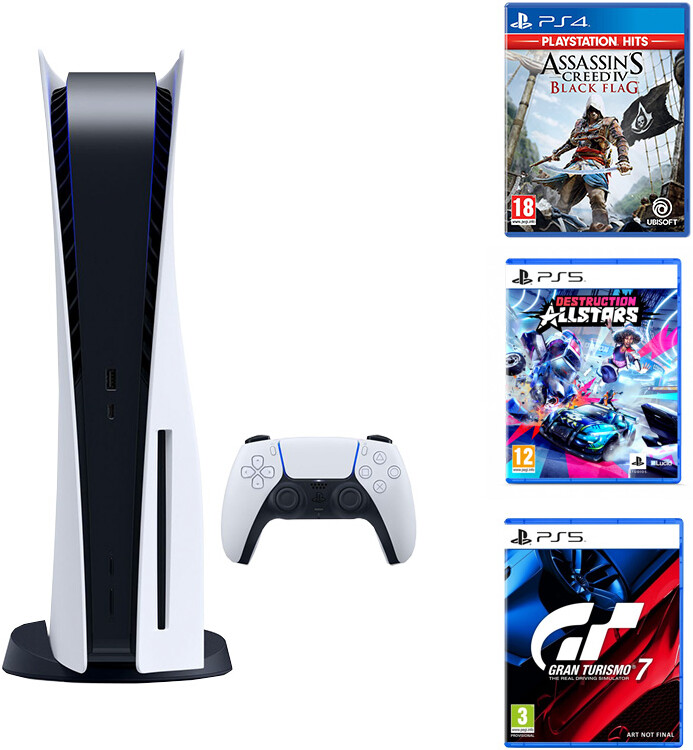 Sony PlayStation 5 (PS5) - Gran Turismo 7 + Assassin's Creed 4 Black Flag HITS + Desctruction AllStars Bundle